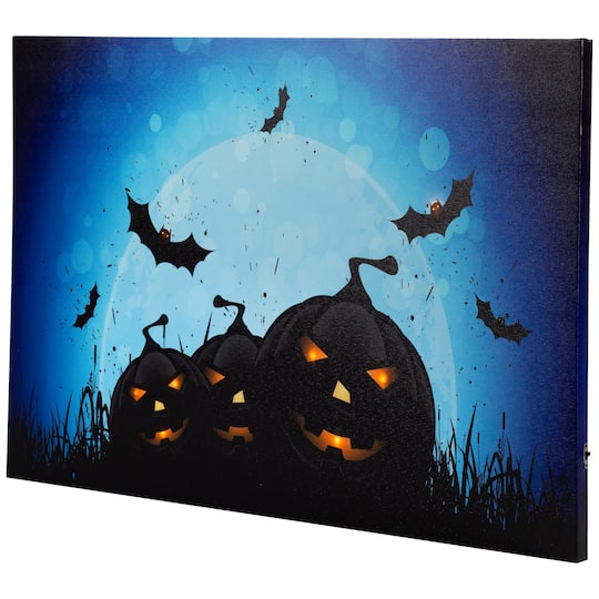 LED Lighted Jack-O-Lanterns & Bats Halloween Canvas Wall Art
